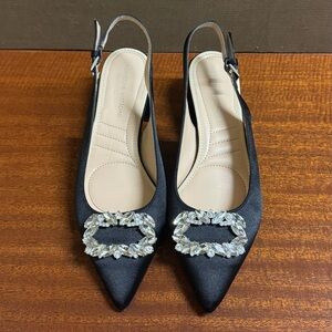 Adrienne Vittadini black satin heels with appliqué